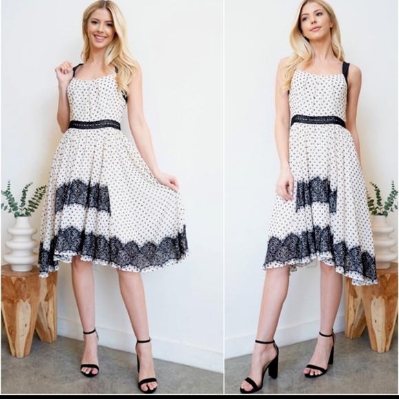 Ivory with black lace, polka dot. Vintage looking, for summer sundress - Picture 2 of 6